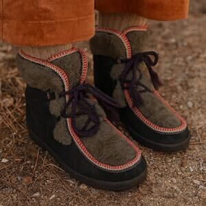 Vintage 1970s Yodelers Blue Suede  Gray Faux Fur Sheep Skin Boots.